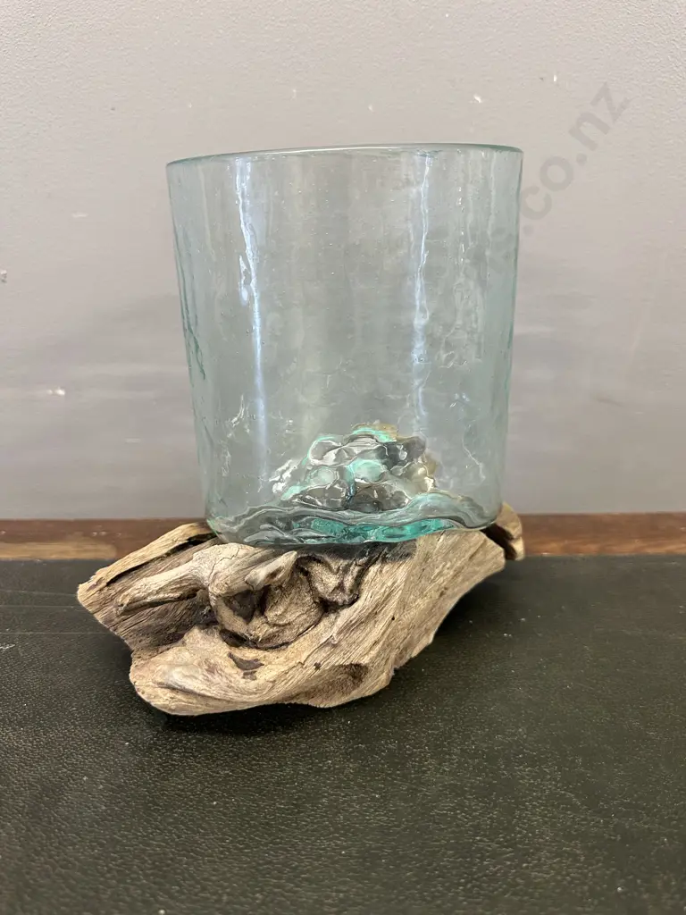  Hand Blown Vase On Natural Teak Stand H20cm.  Image 1++