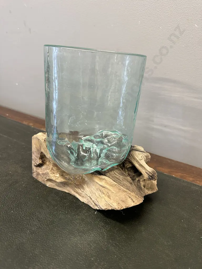  Hand Blown Vase On Natural Teak Stand H20cm.  Image 1++