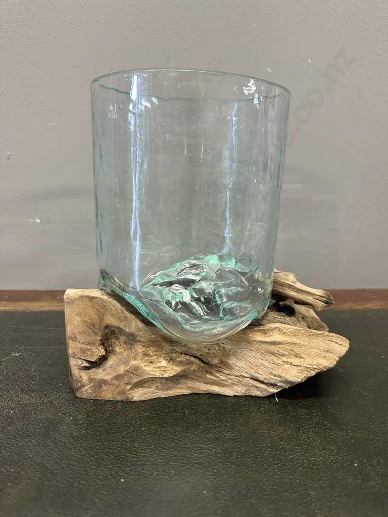  Hand Blown Vase On Natural Teak Stand H20cm.  Image 1++