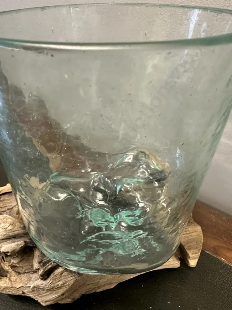  Hand Blown Vase On Natural Teak Stand H20cm.  Image 1++