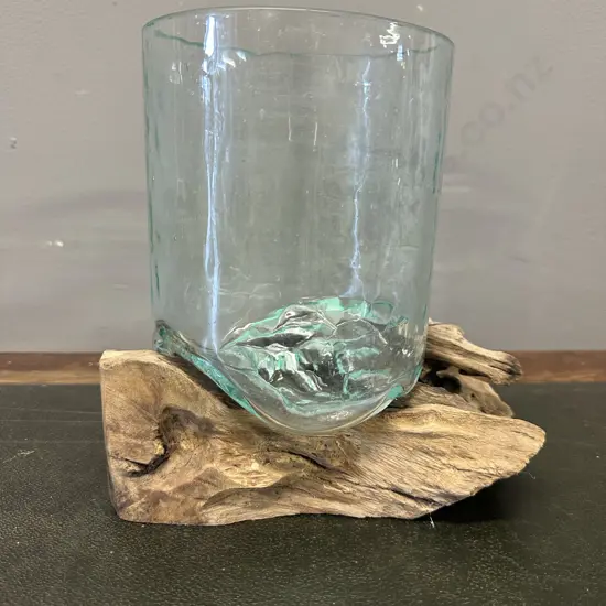  Hand Blown Vase On Natural Teak Stand H20cm. 