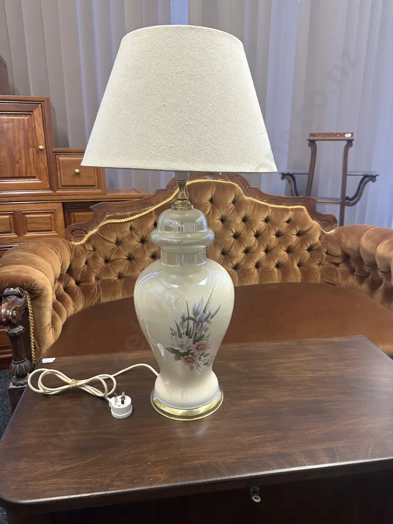 Vintage Ceramic Table Lamp With Floral Detail & Cream Shade H70cm. Image 1++