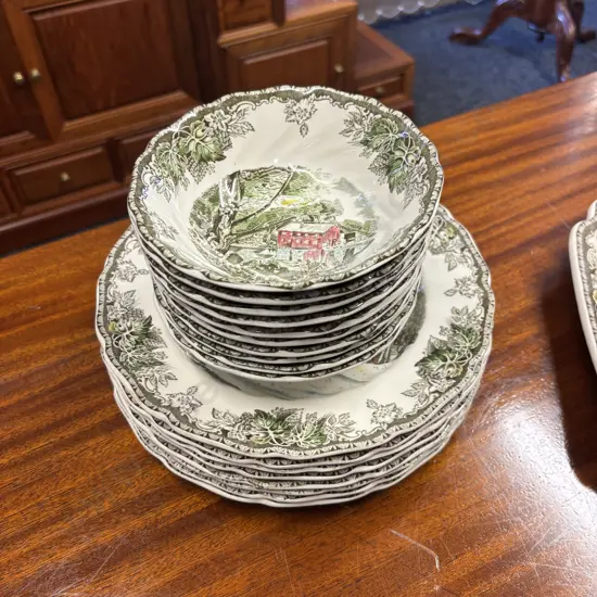 Vintage Johnson Bros "The Friendly Village" "the old mill" bowls with 8 "the school house" dinner plates