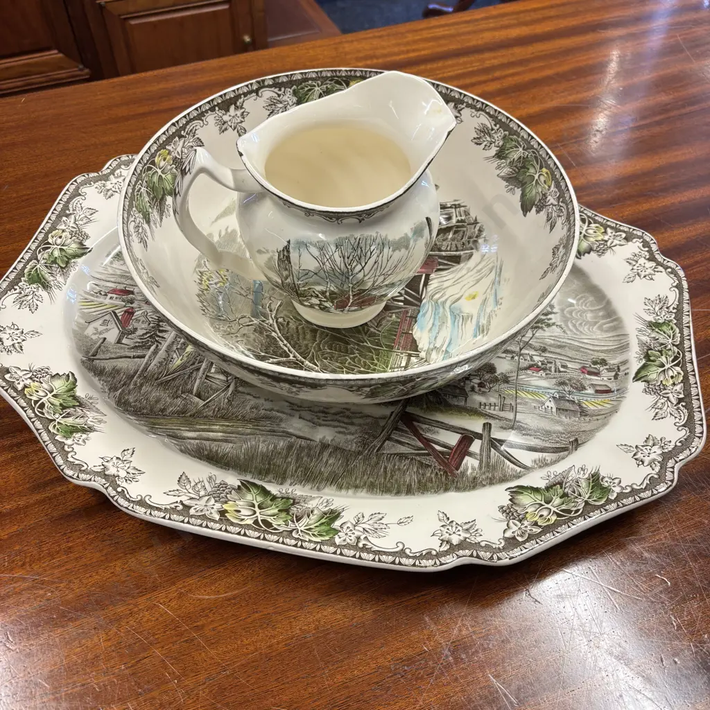 Vintage Johnson Bros Large Ashet, Large Wash Bowl and Jug. "The Friendly Village" Image 1++