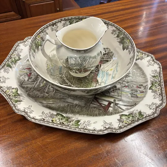 Vintage Johnson Bros Large Ashet, Large Wash Bowl and Jug. "The Friendly Village"