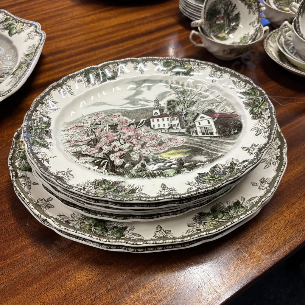 Vintage Johnson Bros "The Friendly Village" 2 Large Oval Serving Plates with 5 large oval dinner plates Image 1++