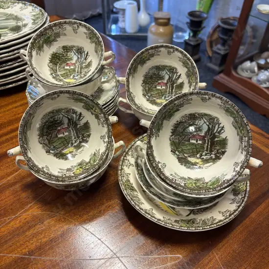 Assorted Vintage Johnson Bros "The friendly Village" 2 handled soup and saucers with extras