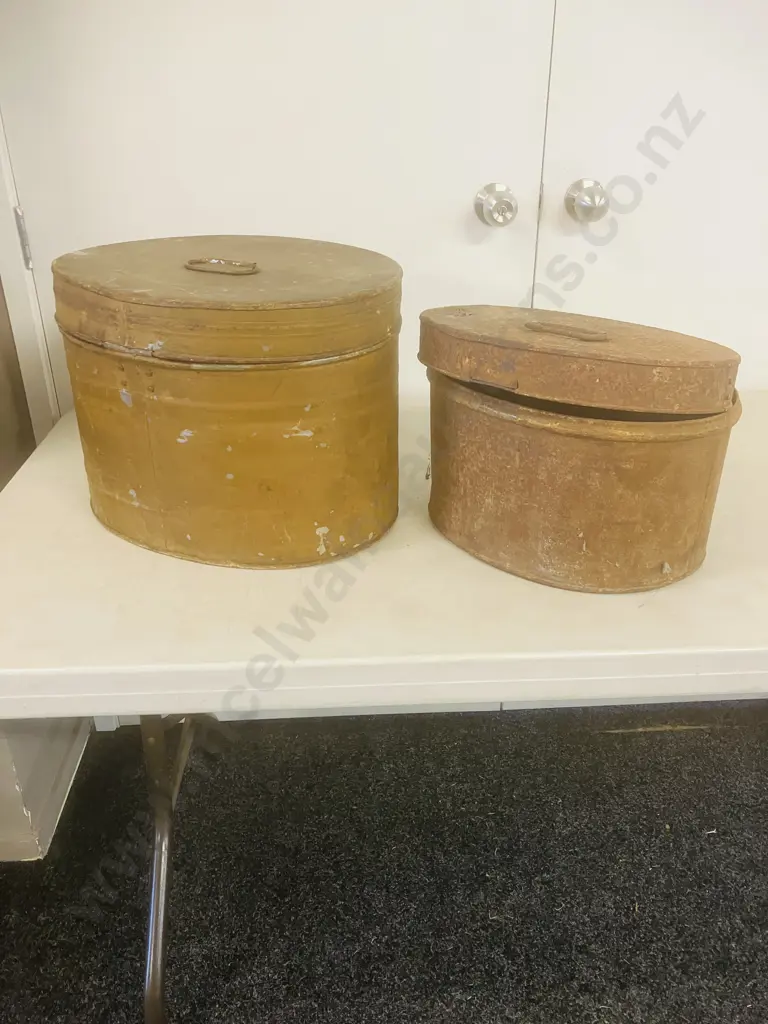 Pair of Antique Victorian Tin Hat Boxes (1 Quite Rusty) Image 1++