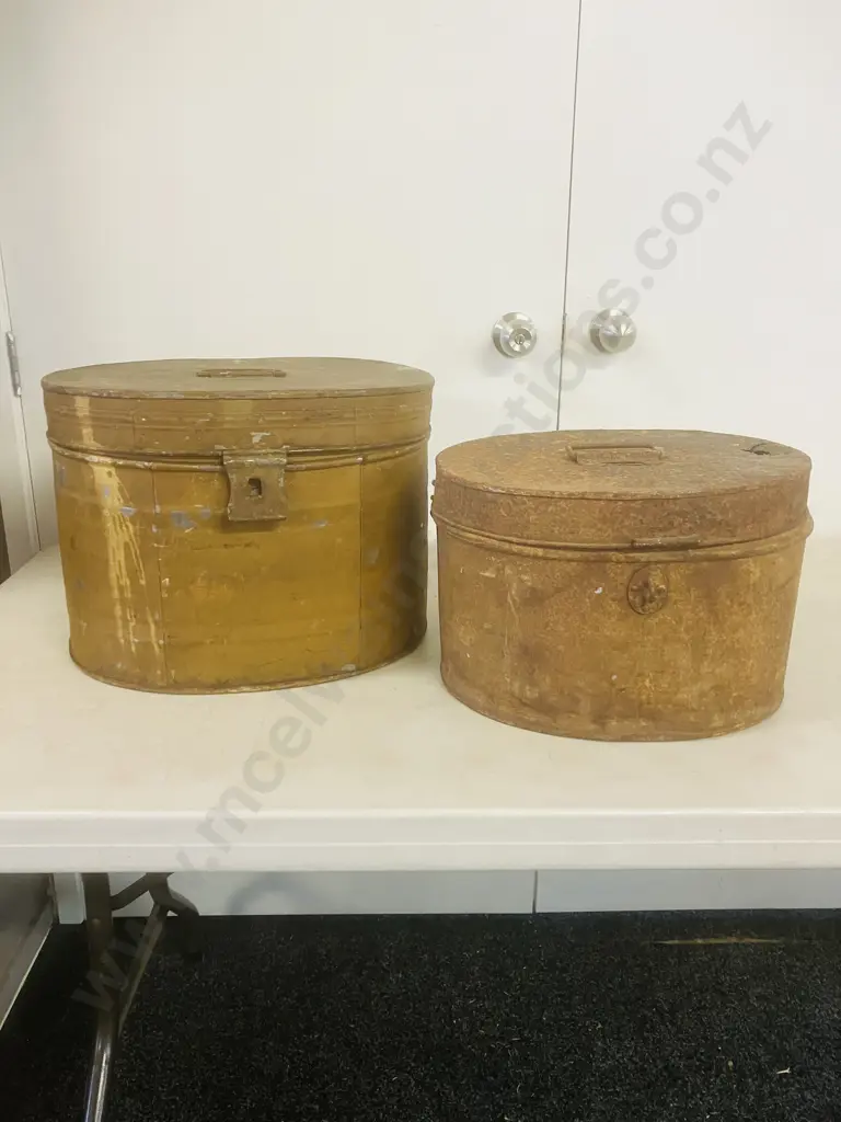 Pair of Antique Victorian Tin Hat Boxes (1 Quite Rusty) Image 1++