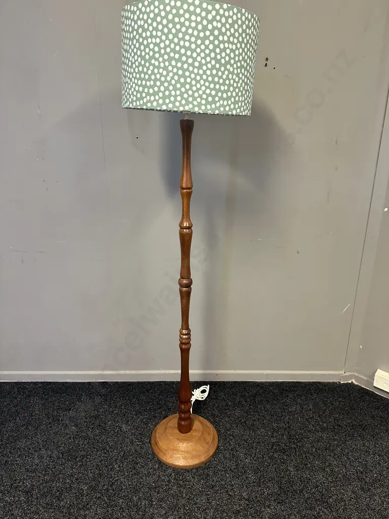Mahogany Floor Lamp With Green & White Spotted Shade H160cm. Image 1++