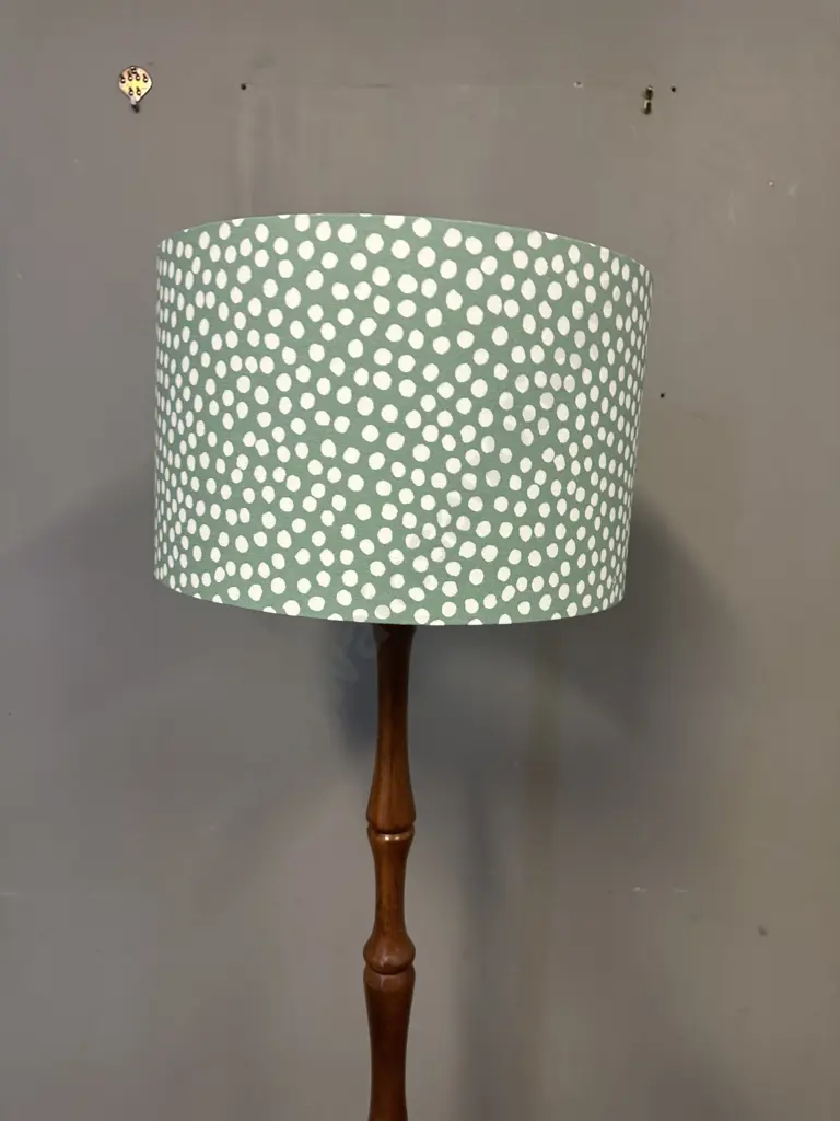 Mahogany Floor Lamp With Green & White Spotted Shade H160cm. Image 1++