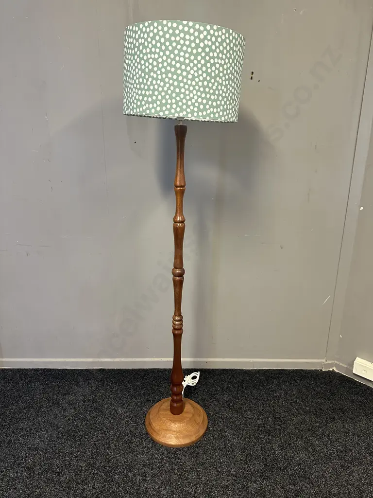 Mahogany Floor Lamp With Green & White Spotted Shade H160cm. Image 1++