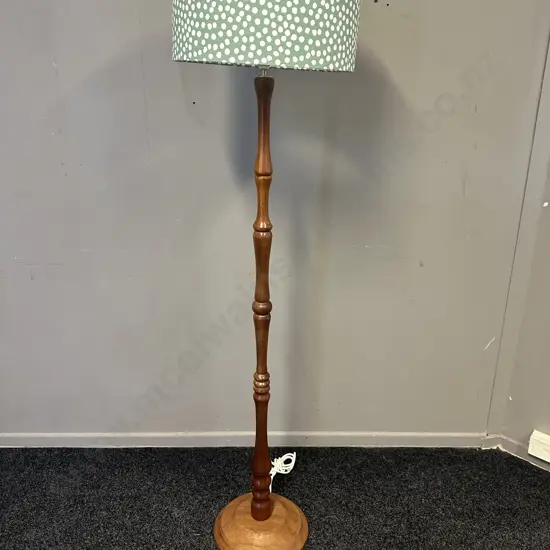 Mahogany Floor Lamp With Green & White Spotted Shade H160cm.