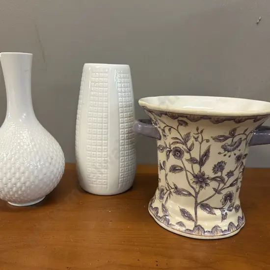  White Bavarian Vases x2 & Double Handled Porcelain Vase With Purple Flowers  