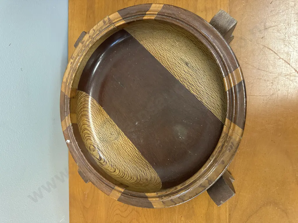 Vintage Wooden Handcrafted Marquetry Bowl with Four Feet H9,Dia33cm. Image 1++