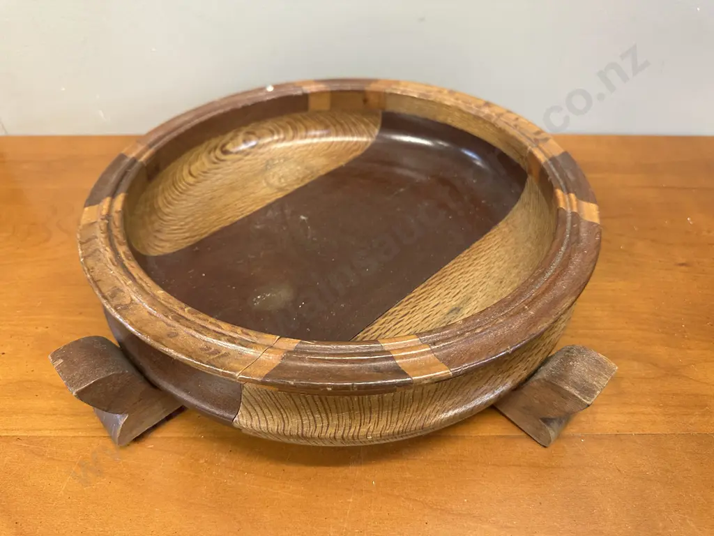 Vintage Wooden Handcrafted Marquetry Bowl with Four Feet H9,Dia33cm. Image 1++