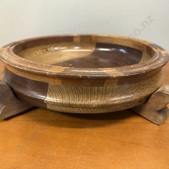 Vintage Wooden Handcrafted Marquetry Bowl with Four Feet H9,Dia33cm.