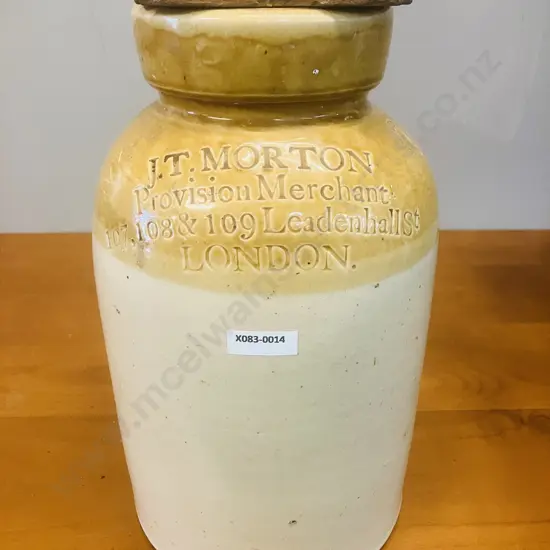 Antique Powell Bristol Stoneware Crock -  J T MORTON Provision Merchant London March 1849. 31 x 18.5cm