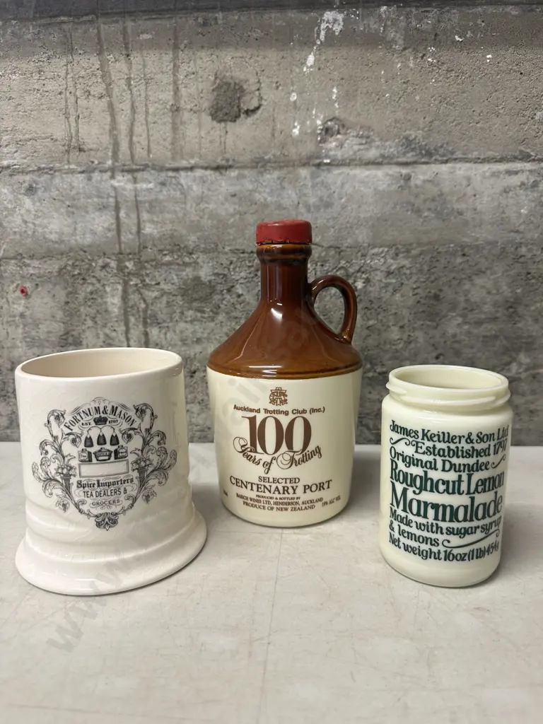 Vintage Auckland Trotting Club Centenary Decanter, Fortnum & Mason Jar (no lid) & Keiler Jar (no lid) Image 1++