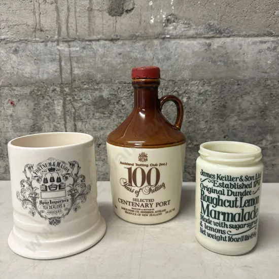 Vintage Auckland Trotting Club Centenary Decanter, Fortnum & Mason Jar (no lid) & Keiler Jar (no lid)