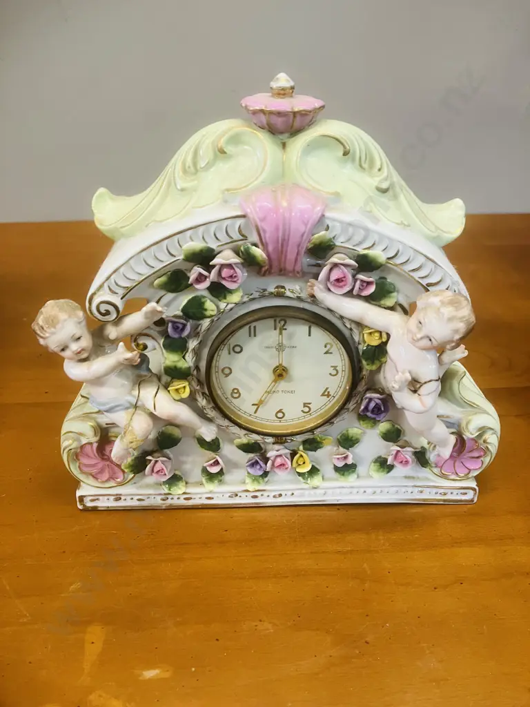 Art Deco German Oak Cased Mantle Clock With Key, Pair of Old Clock Keys, Damaged 1950s Meiko Tokei Clock Image 1++