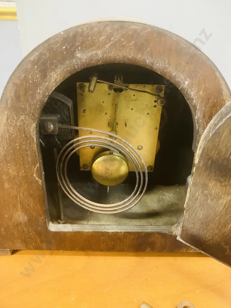 Art Deco German Oak Cased Mantle Clock With Key, Pair of Old Clock Keys, Damaged 1950s Meiko Tokei Clock Image 1++