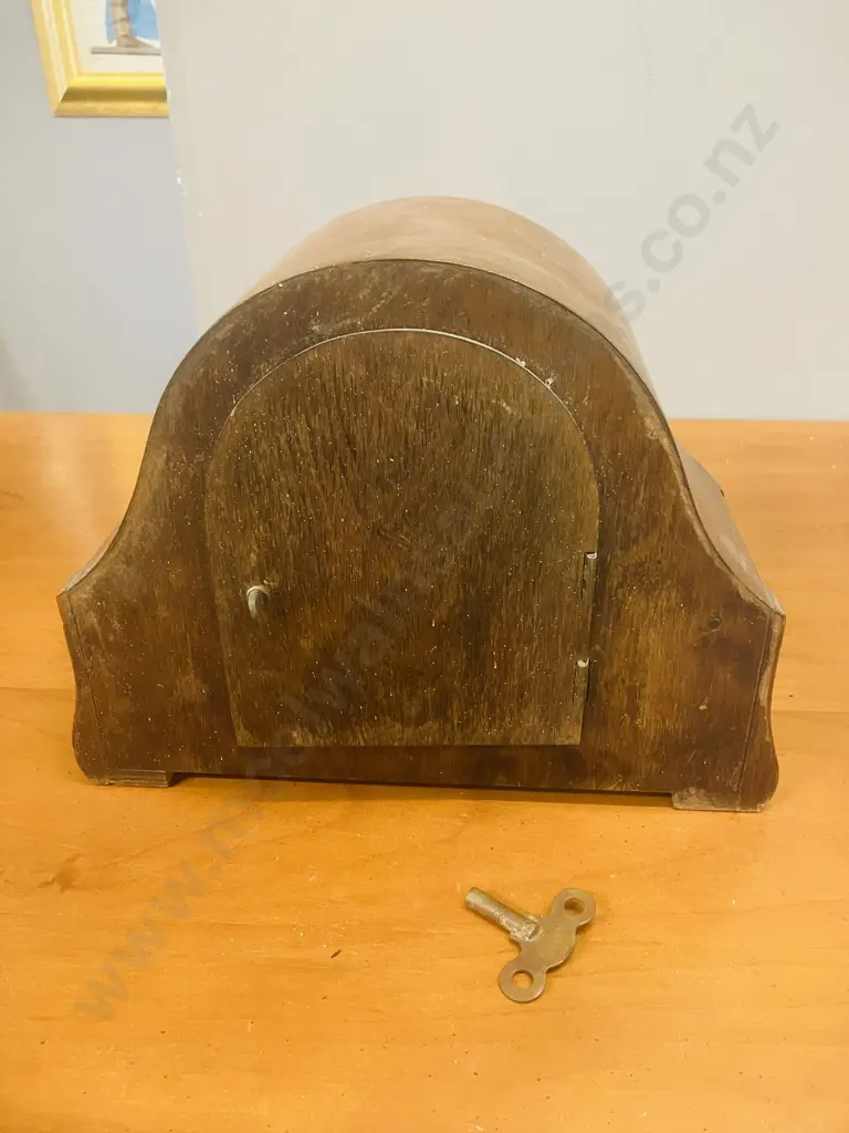 Art Deco German Oak Cased Mantle Clock With Key, Pair of Old Clock Keys, Damaged 1950s Meiko Tokei Clock Image 1++