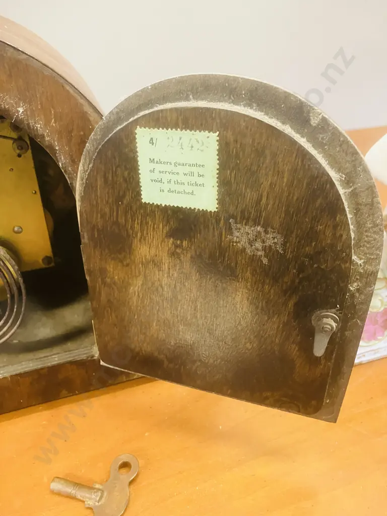 Art Deco German Oak Cased Mantle Clock With Key, Pair of Old Clock Keys, Damaged 1950s Meiko Tokei Clock Image 1++