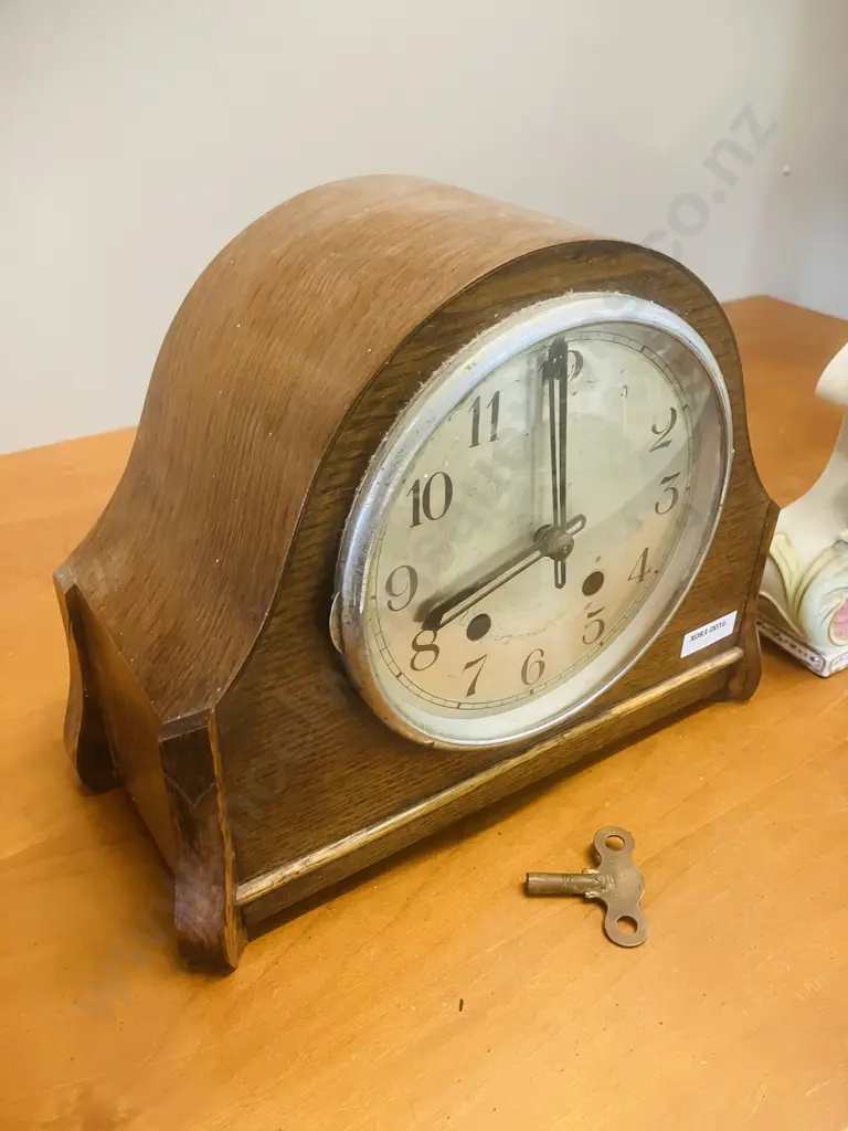 Art Deco German Oak Cased Mantle Clock With Key, Pair of Old Clock Keys, Damaged 1950s Meiko Tokei Clock Image 1++