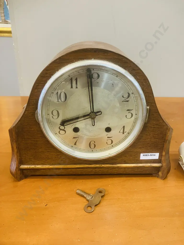 Art Deco German Oak Cased Mantle Clock With Key, Pair of Old Clock Keys, Damaged 1950s Meiko Tokei Clock Image 1++