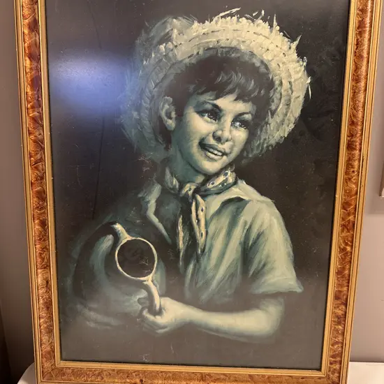 Vintage Framed Artwork. Child with Pot. 53 x 47cm