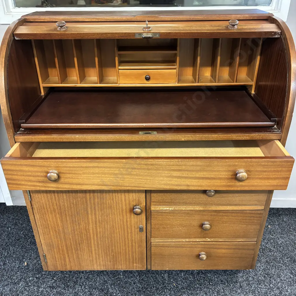 Vintage Mahogany Roll Top Desk, one door, 4 drawers with keys. H106 D50 W92 Image 1++