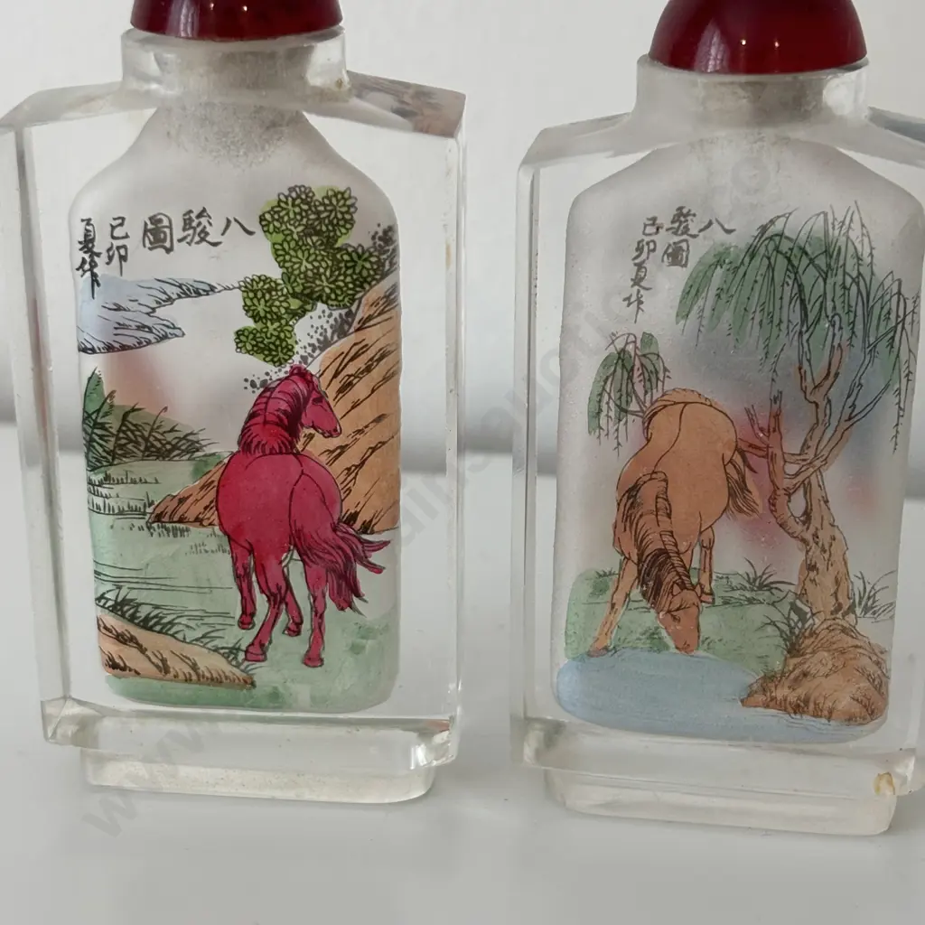 Four Chinese internally hand painted Horse themed Snuff Bottles Image 1++