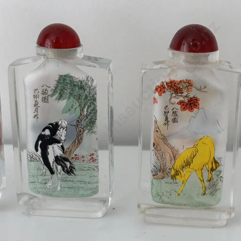 Four Chinese internally hand painted Horse themed Snuff Bottles Image 1++