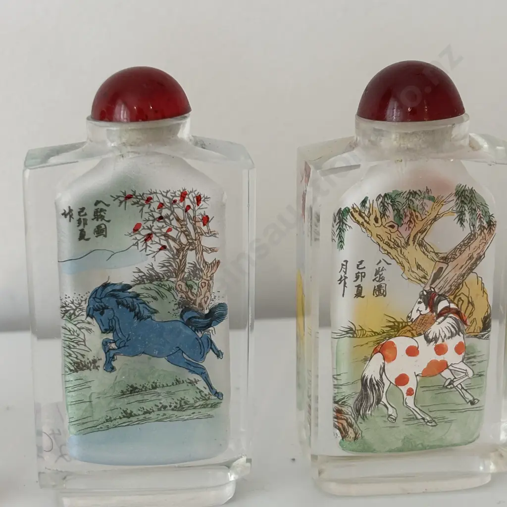 Four Chinese internally hand painted Horse themed Snuff Bottles Image 1++