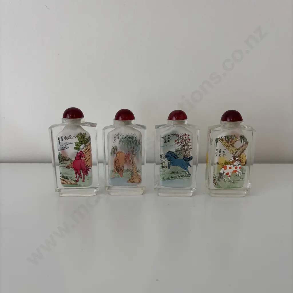 Four Chinese internally hand painted Horse themed Snuff Bottles Image 1++