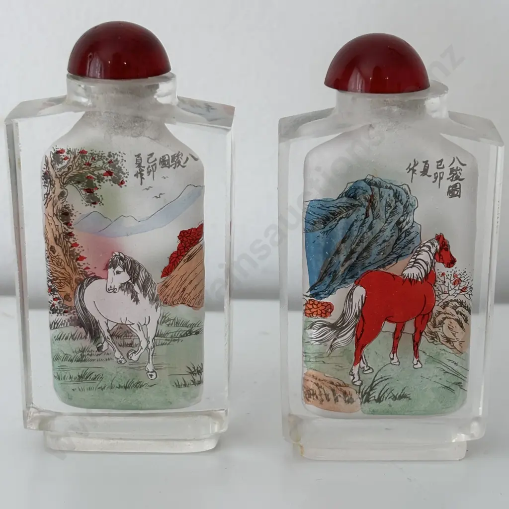 Four Chinese internally hand painted Horse themed Snuff Bottles Image 1++