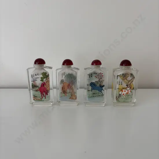 Four Chinese internally hand painted Horse themed Snuff Bottles