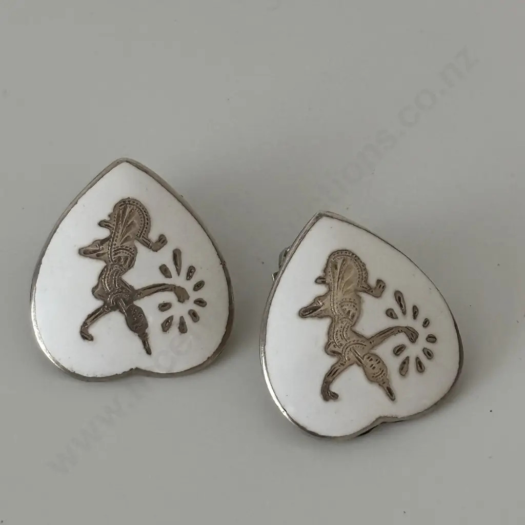 Vintage Sterling Silver and Enamelled Clip on earrings Image 1++