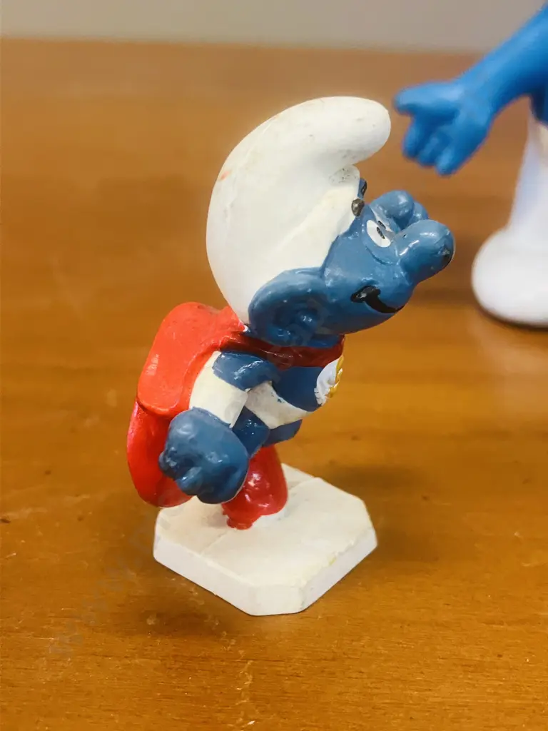 1972 Flower Smurf, 1989 Papa Smurf, 1980s Superman Smurf, 2000 Carpenter Smurf, 2017 McDonalds Happy Meal Karate Smurf, Image 1++