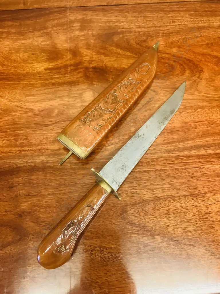 Vintage Turkish Knife With Carved Wood Sheath. L32.5cm Image 1++