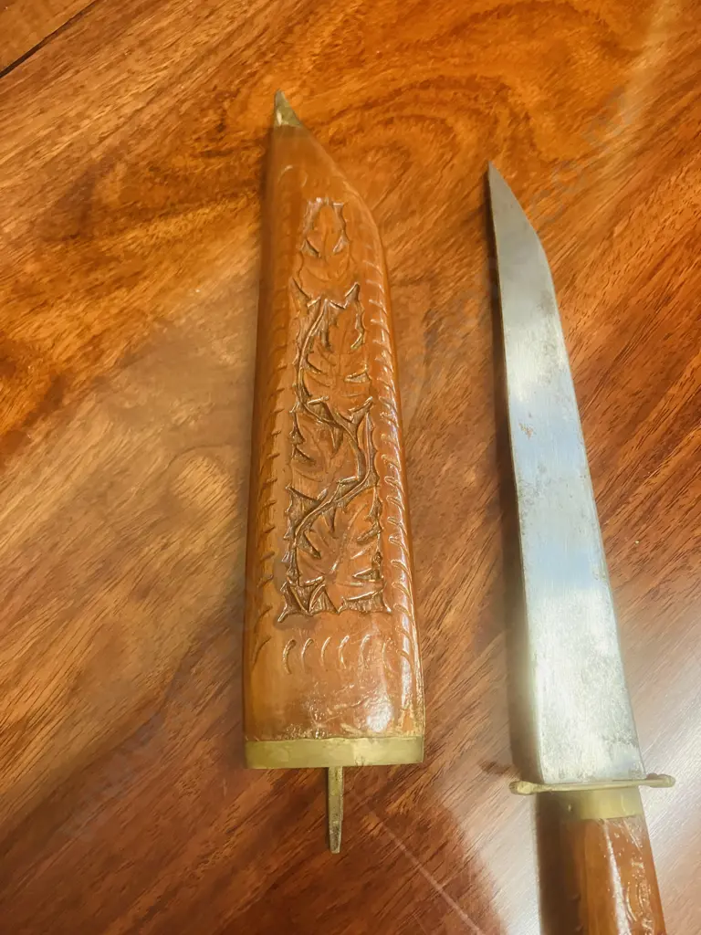 Vintage Turkish Knife With Carved Wood Sheath. L32.5cm Image 1++