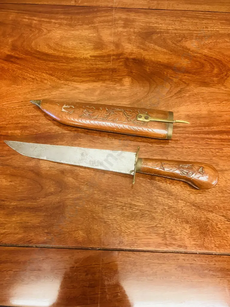 Vintage Turkish Knife With Carved Wood Sheath. L32.5cm Image 1++