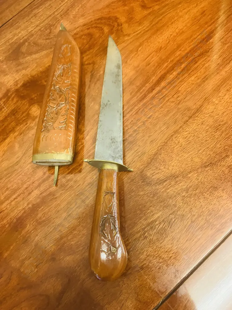 Vintage Turkish Knife With Carved Wood Sheath. L32.5cm Image 1++