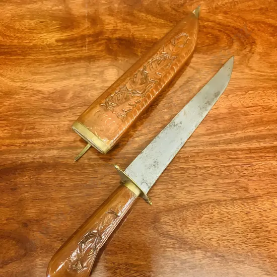 Vintage Turkish Knife With Carved Wood Sheath. L32.5cm