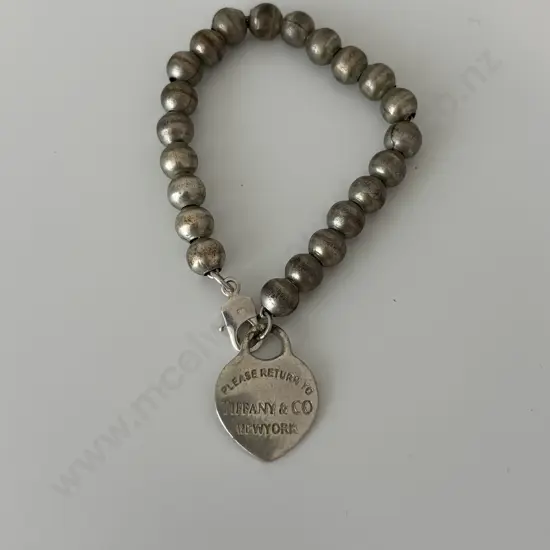 Silver Ball Bracelet with Heart marked and stamped Tiffany and Co? and Clasp stamped 925