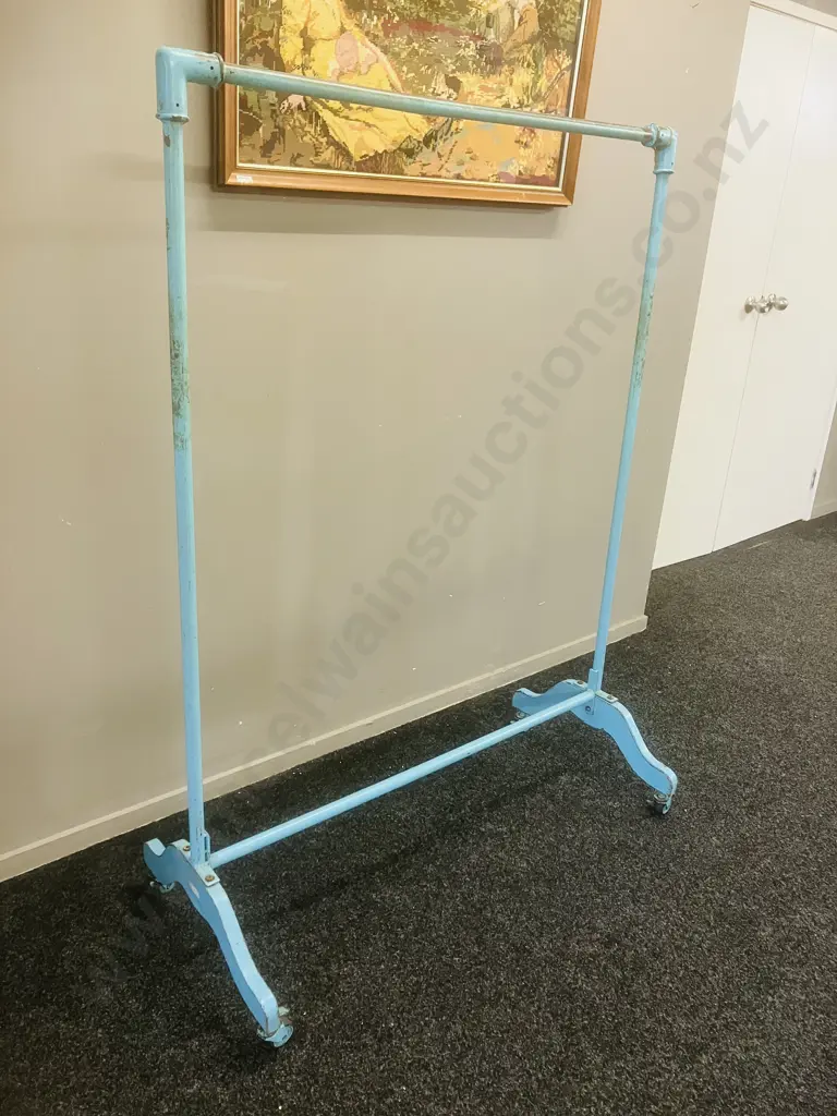 Steel Pipe & Wood Single Rail Garment Rack Painted Powder Blue, On Castors. H152 W112 D51cm Image 1++