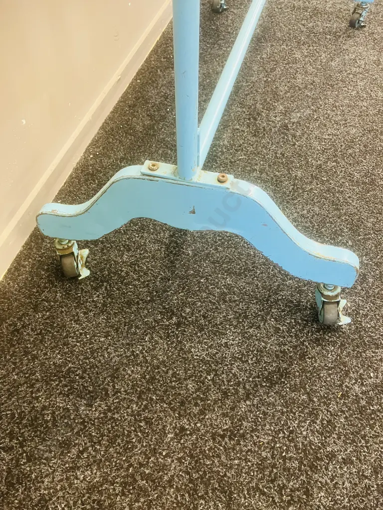 Steel Pipe & Wood Single Rail Garment Rack Painted Powder Blue, On Castors. H152 W112 D51cm Image 1++