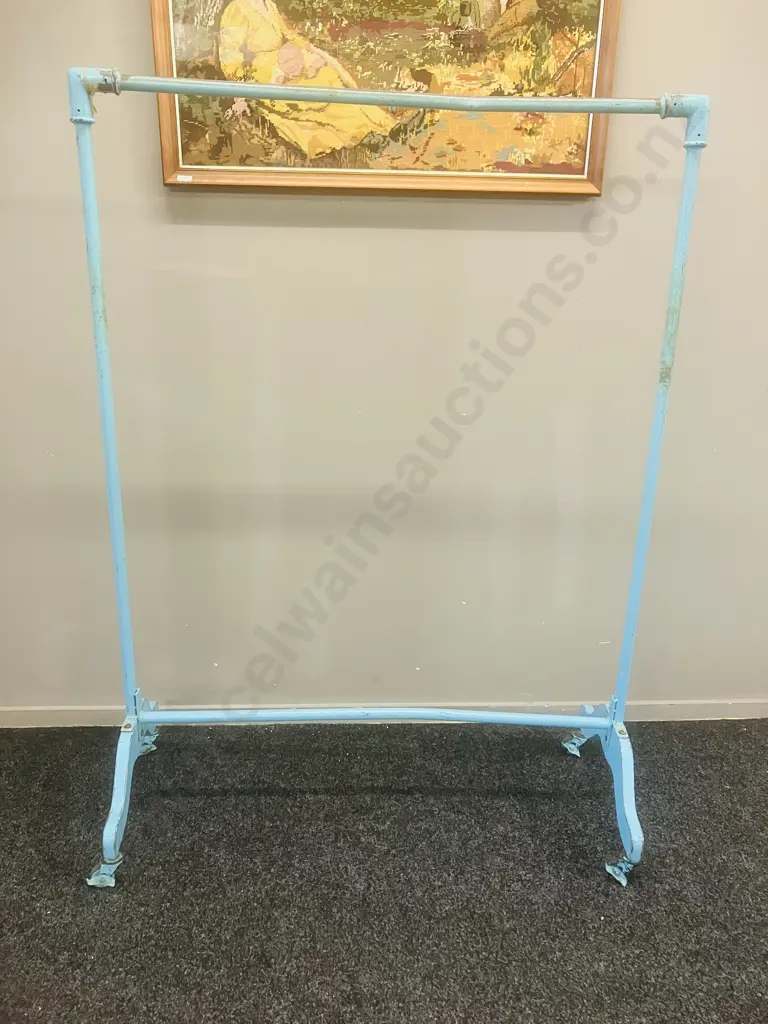 Steel Pipe & Wood Single Rail Garment Rack Painted Powder Blue, On Castors. H152 W112 D51cm Image 1++