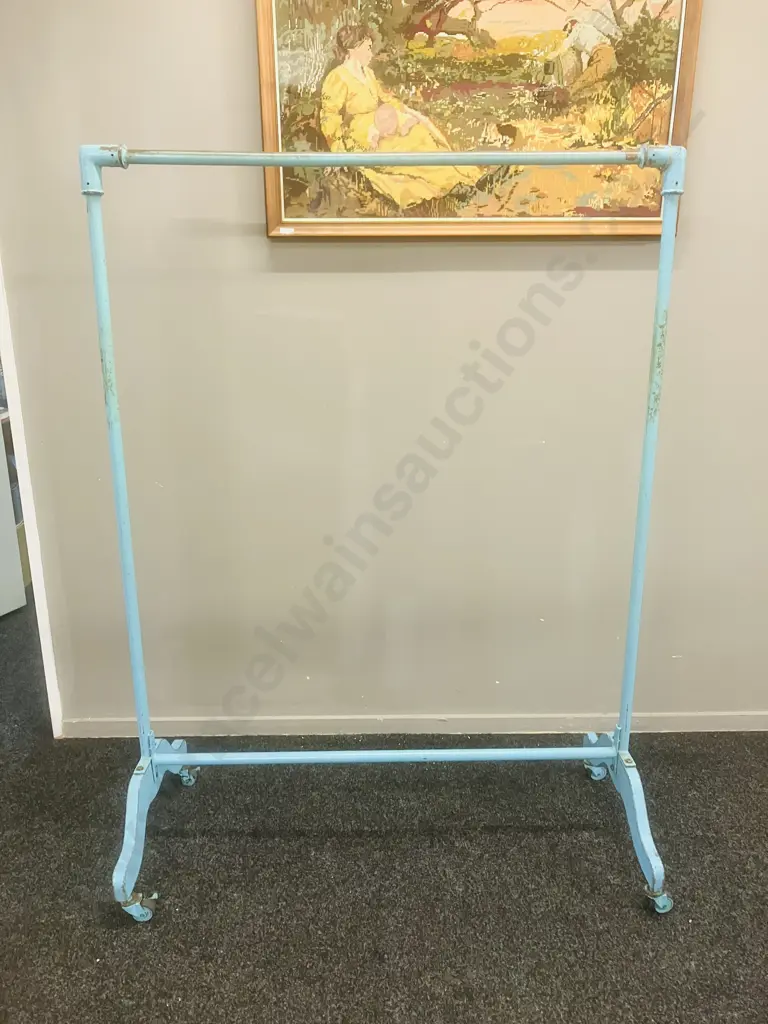 Steel Pipe & Wood Single Rail Garment Rack Painted Powder Blue, On Castors. H152 W112 D51cm Image 1++